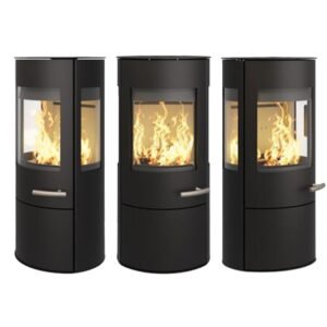 Haas+Sohn VITUS.l Stahl Kaminofen 3-Sichtscheiben mit Kochplatte mit Holzfach und Türe tief-schwarz